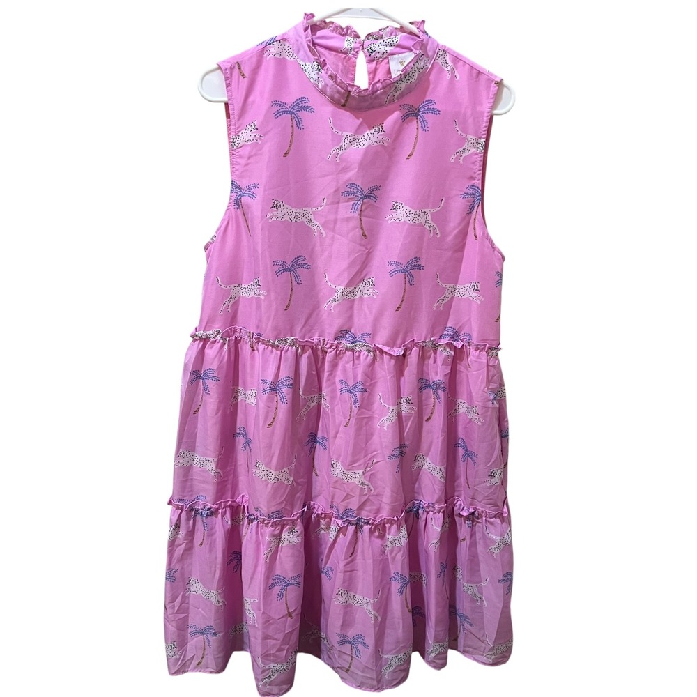 J. Marie Pastel Pink Cheetah Palm Tree Tiered Dress Women's Size Large Ruffles